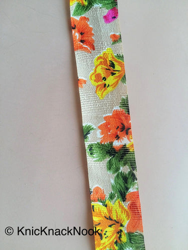 Yellow & Orange Bhagalpuri Silk Trim Floral Designs Decorative Craft Ribbon Giftwrapping Ribbon Fashion Trim Costume Trim, Trim By 4 Yards